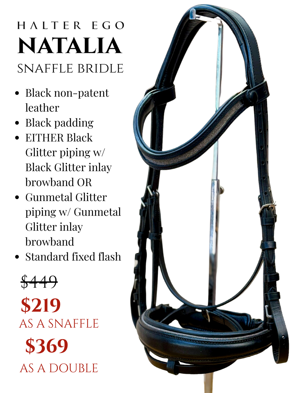 Natalia Non-Patent Black Leather Snaffle Bridle