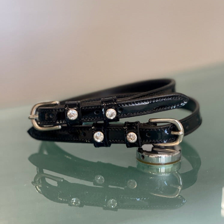 Black Patent Leather Spur Straps with Clear Crystals &amp; Silver Horseshoe Buckles