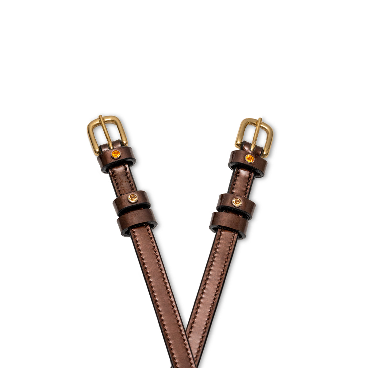 Bronze Patent Spur Straps with Crystal Rivets and Brass Horseshoe Shaped Buckles