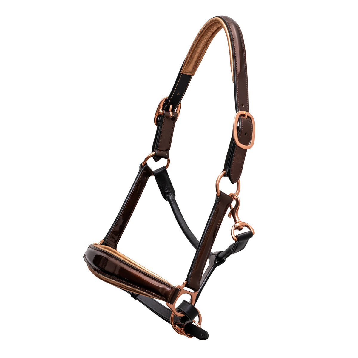 Brown and rose gold horse halter on a white background