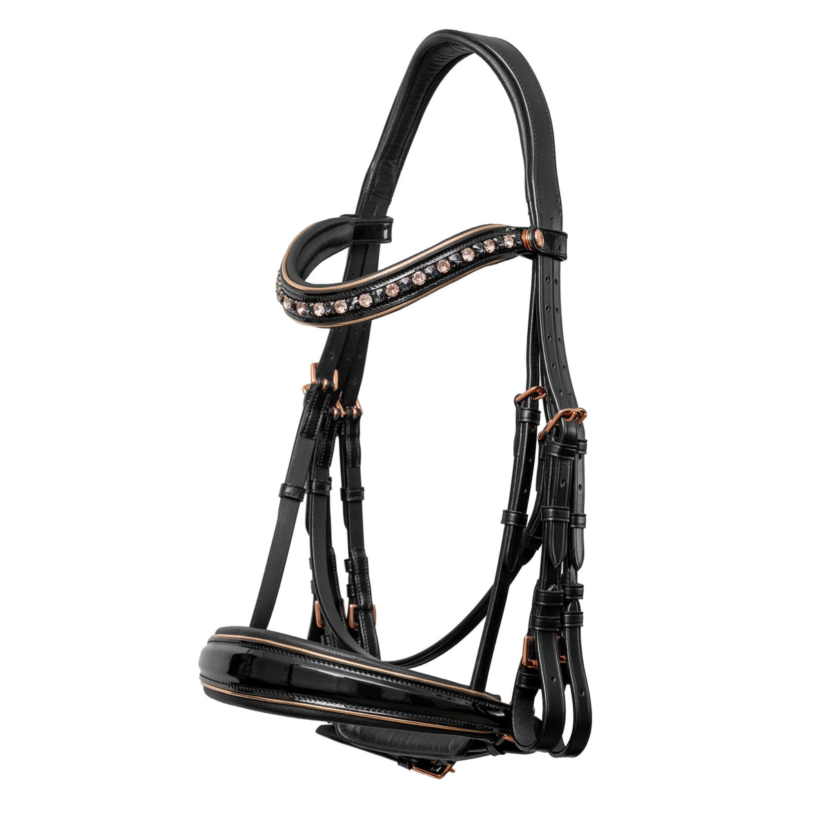 Black Patent Leather Double Dressage Bridle with Rose Gold Details. Conical anatomical tapered noseband design