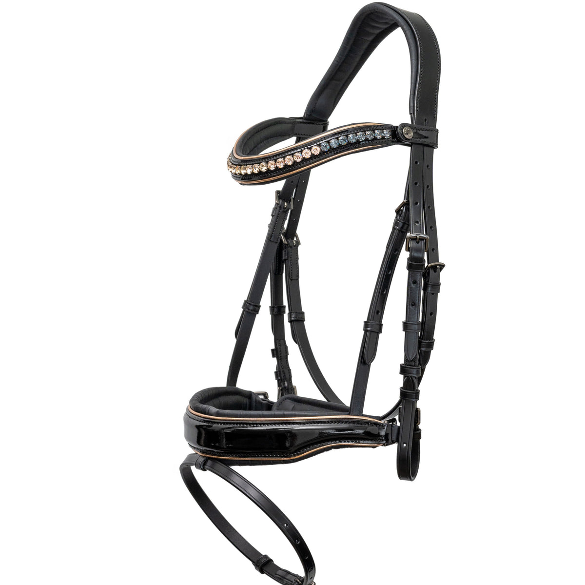 Black Patent Snaffle Bridle with Black "Denim" padding, black hardware & Metallic Rose Gold Piping.
