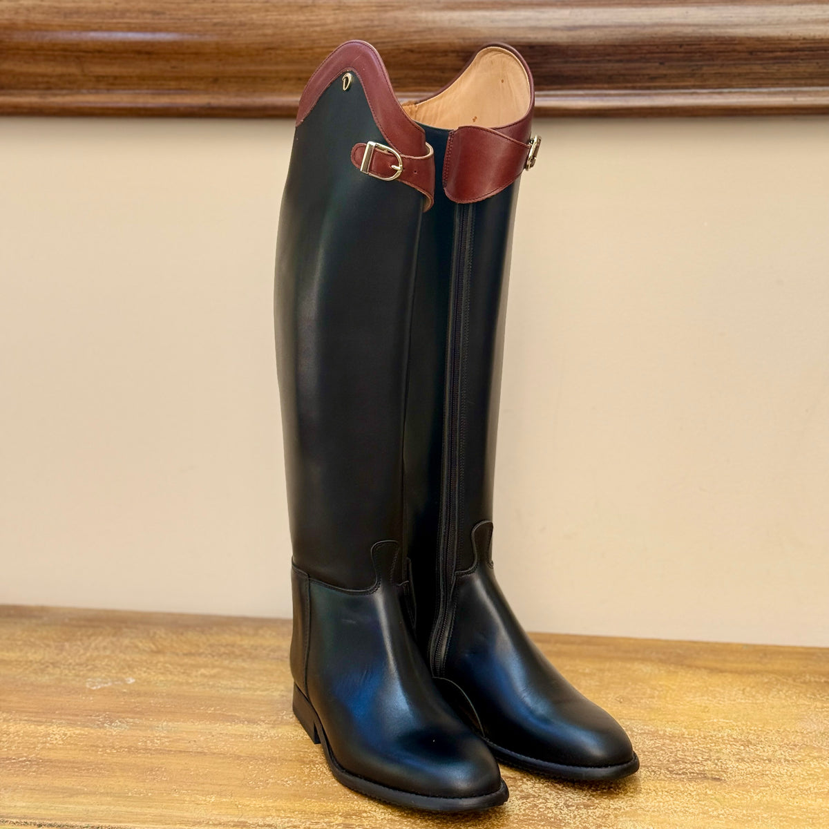 Derby Prestige Riding Boots - Black Leather with Chestnut Leather Top Design.