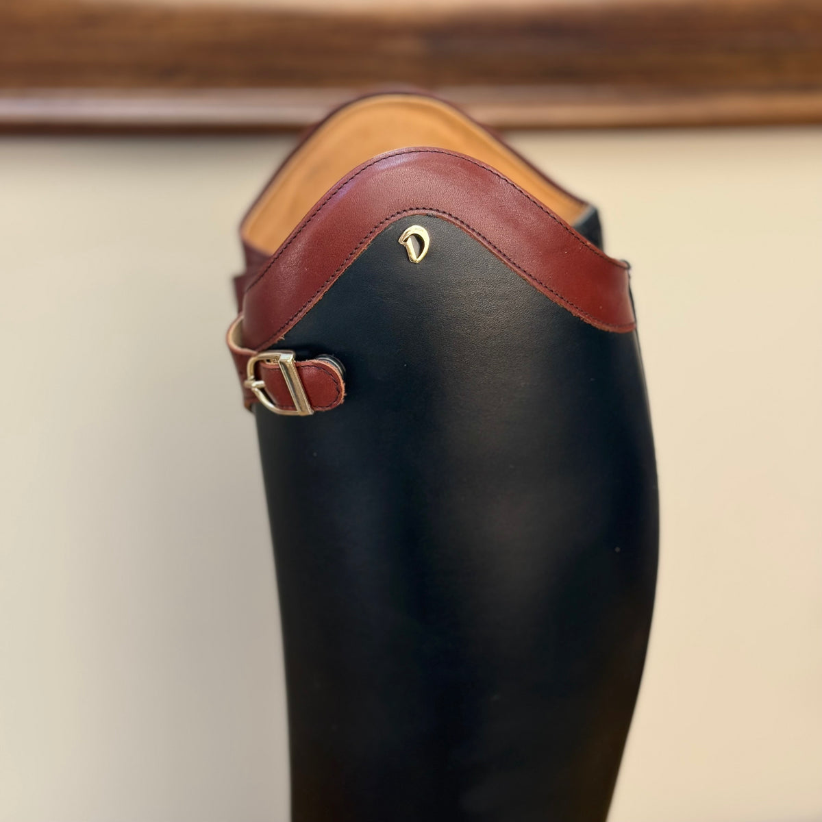 Derby Prestige Riding Boots - Black Leather with Chestnut Leather Top Design.