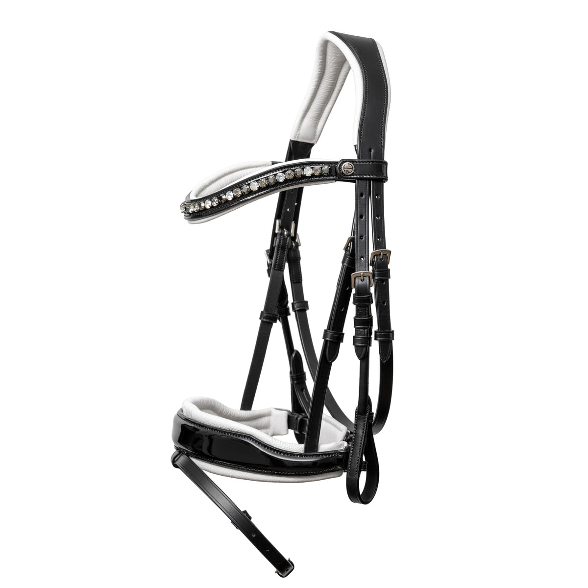 ❄️ Mont Blanc Black Patent Leather Snaffle Bridle With White Padding & Removable Flash