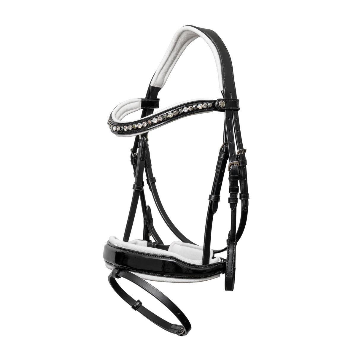❄️ Mont Blanc Black Patent Leather Snaffle Bridle With White Padding & Removable Flash