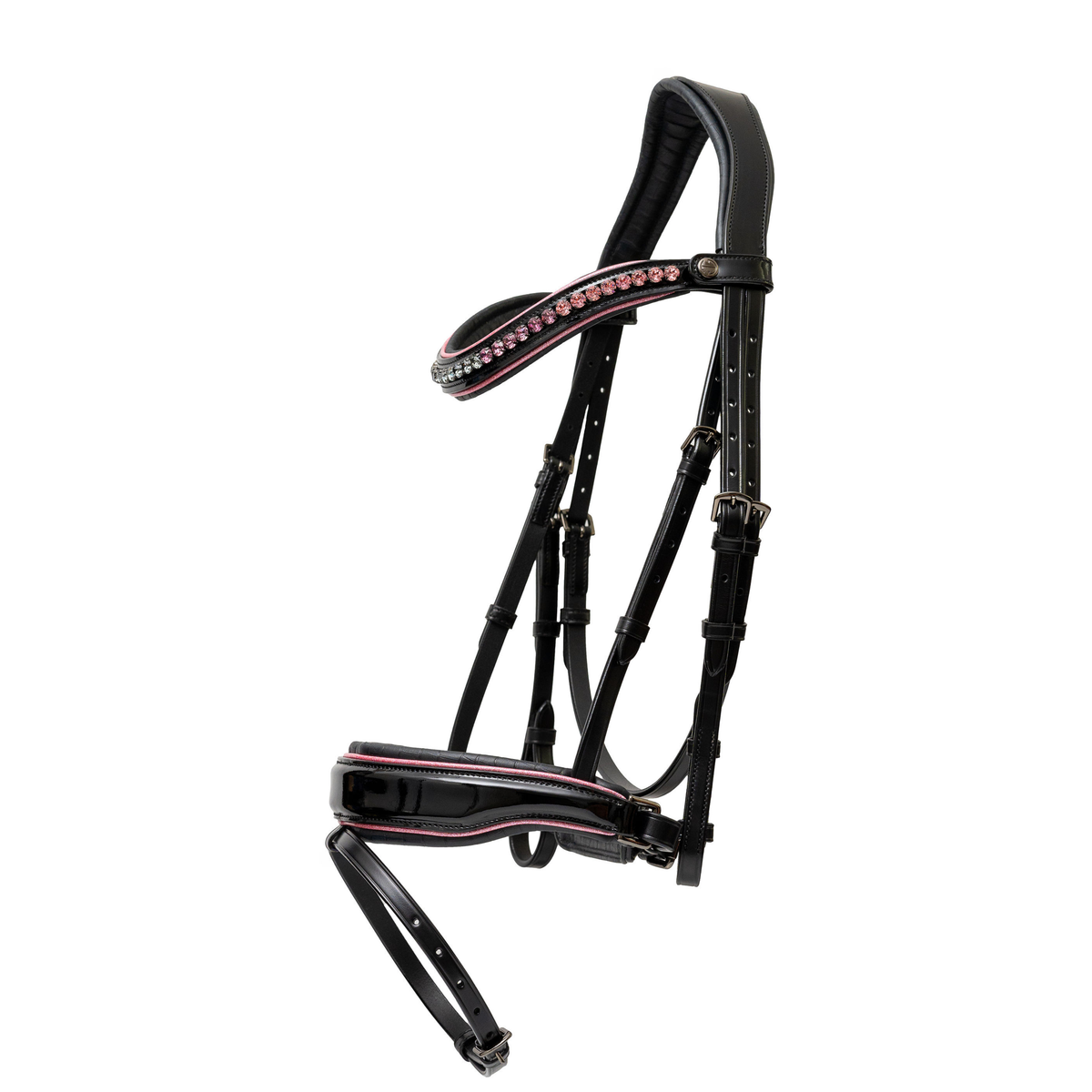 Ellie snaffle bridle, pink crystal browband bridle, black patent dressage bridle, denim croc padded bridle, sparkle piping bridle, luxury snaffle bridle, Halter Ego bridle, ergonomic padded bridle, Austrian crystal browband, pink dressage tack