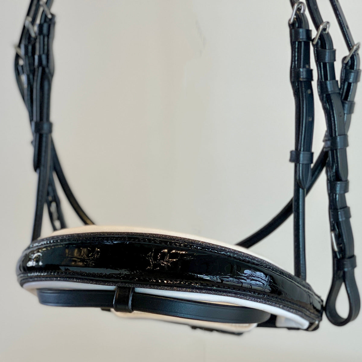 The Harlow Black Patent Snaffle Bridle with Removable Flash