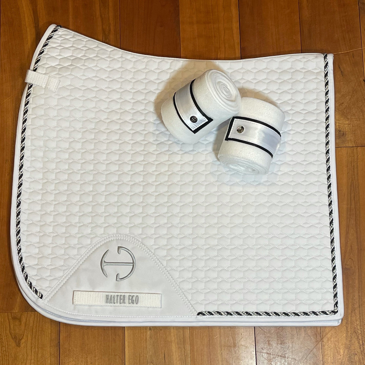 European Cotton Dressage Saddle Pad - White & Black Twist Trim Full