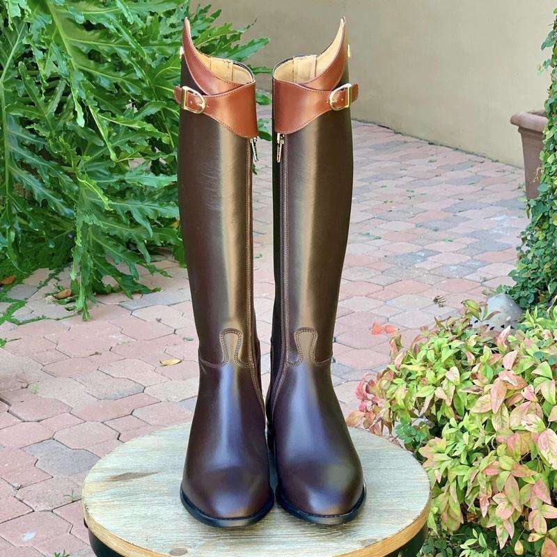 Derby Prestige Riding Boots - Brown Leather with Chestnut Polo Strap & Top Design.