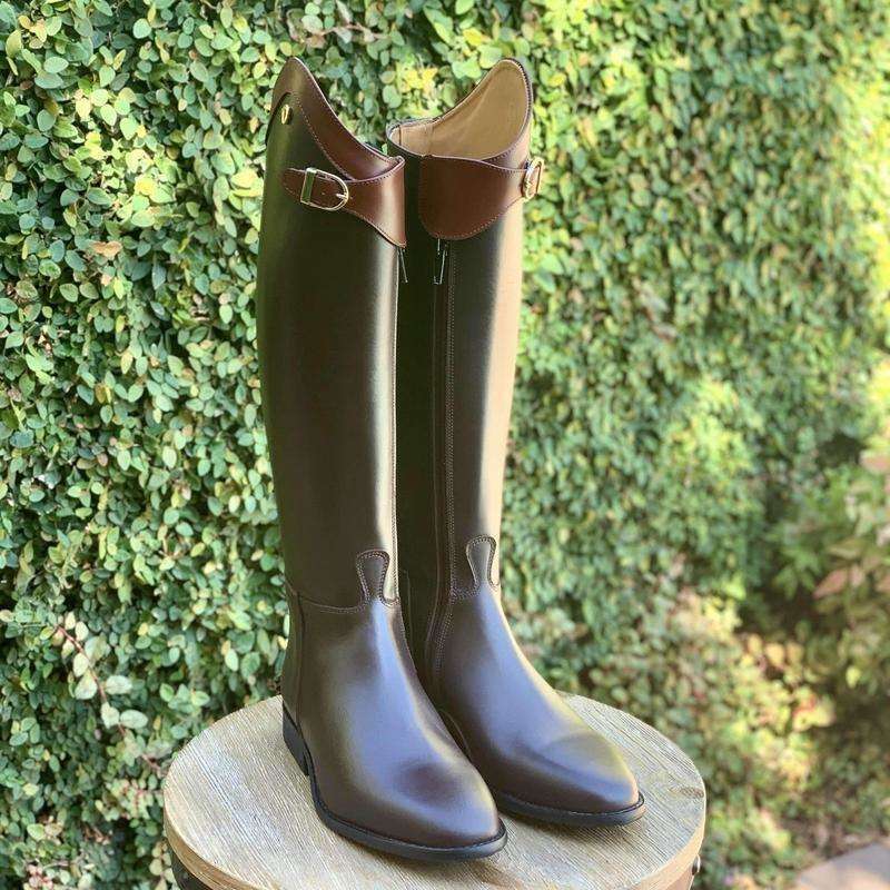 Derby Prestige Riding Boots - Brown Leather with Chestnut Polo Strap & Top Design.