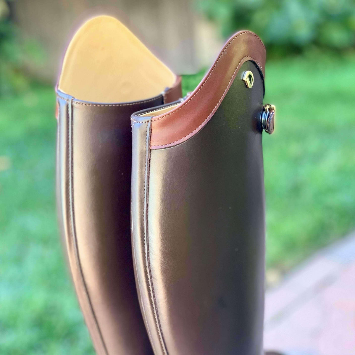 Derby Prestige Riding Boots - Brown Leather with Chestnut Polo Strap & Top Design.