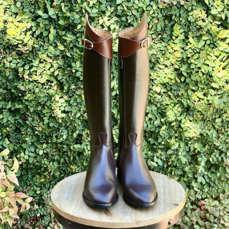Derby Prestige Riding Boots - Brown Leather with Chestnut Polo Strap & Top Design.