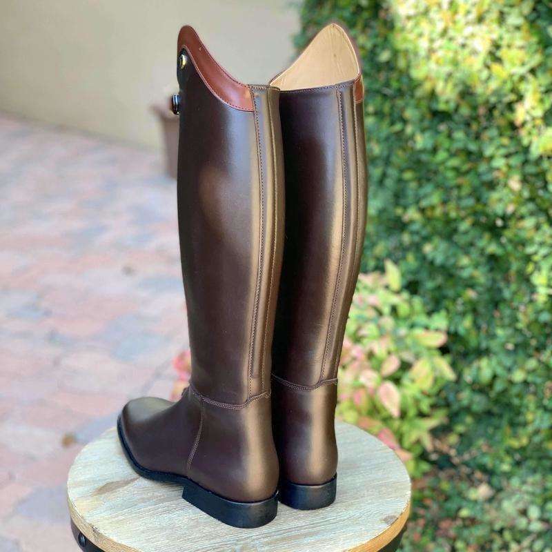 Derby Prestige Riding Boots - Brown Leather with Chestnut Polo Strap & Top Design.