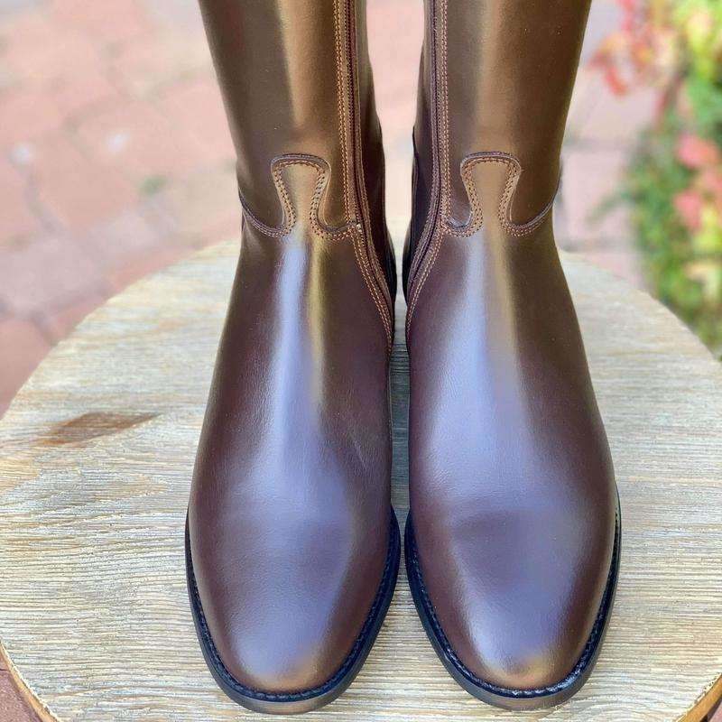 Derby Prestige Riding Boots - Brown Leather with Chestnut Polo Strap & Top Design.