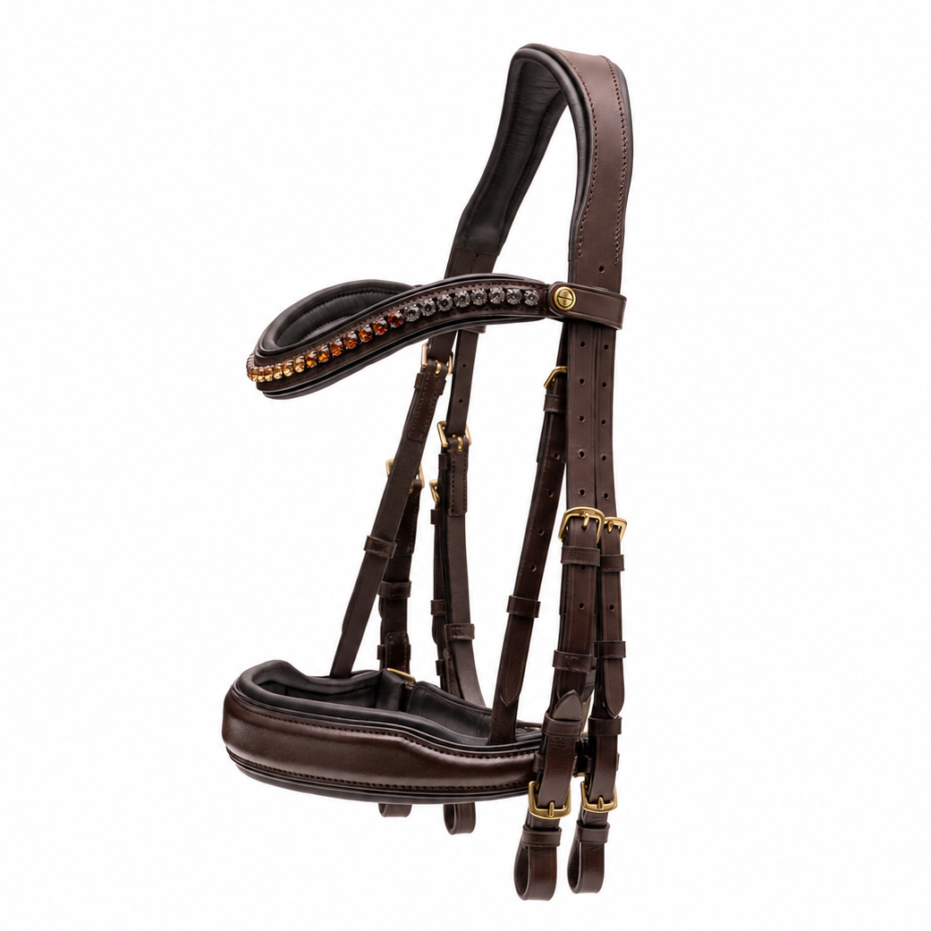 Brown leather double horse bridle with gold accents on a white background