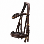 Brown leather double horse bridle with gold accents on a white background