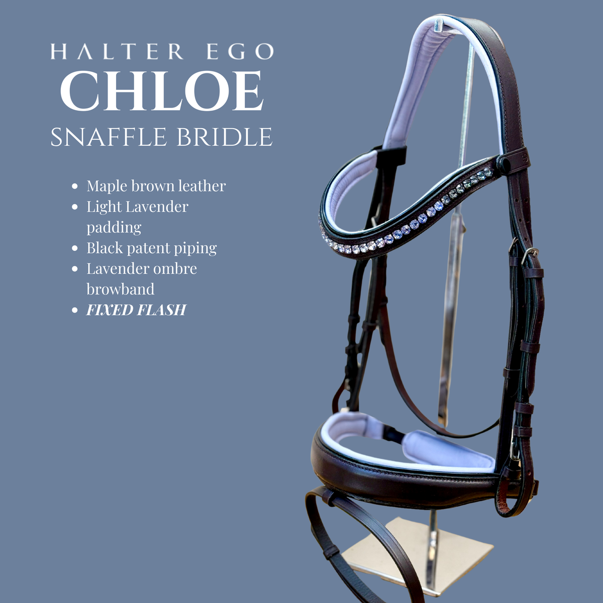 The Chloe - Maple Brown Snaffle with Lavender Padding & Black Patent Piping