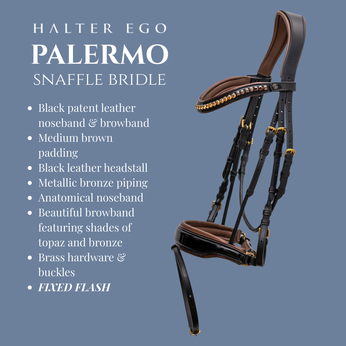 The Palermo Black Patent Leather Snaffle with Brown Padding