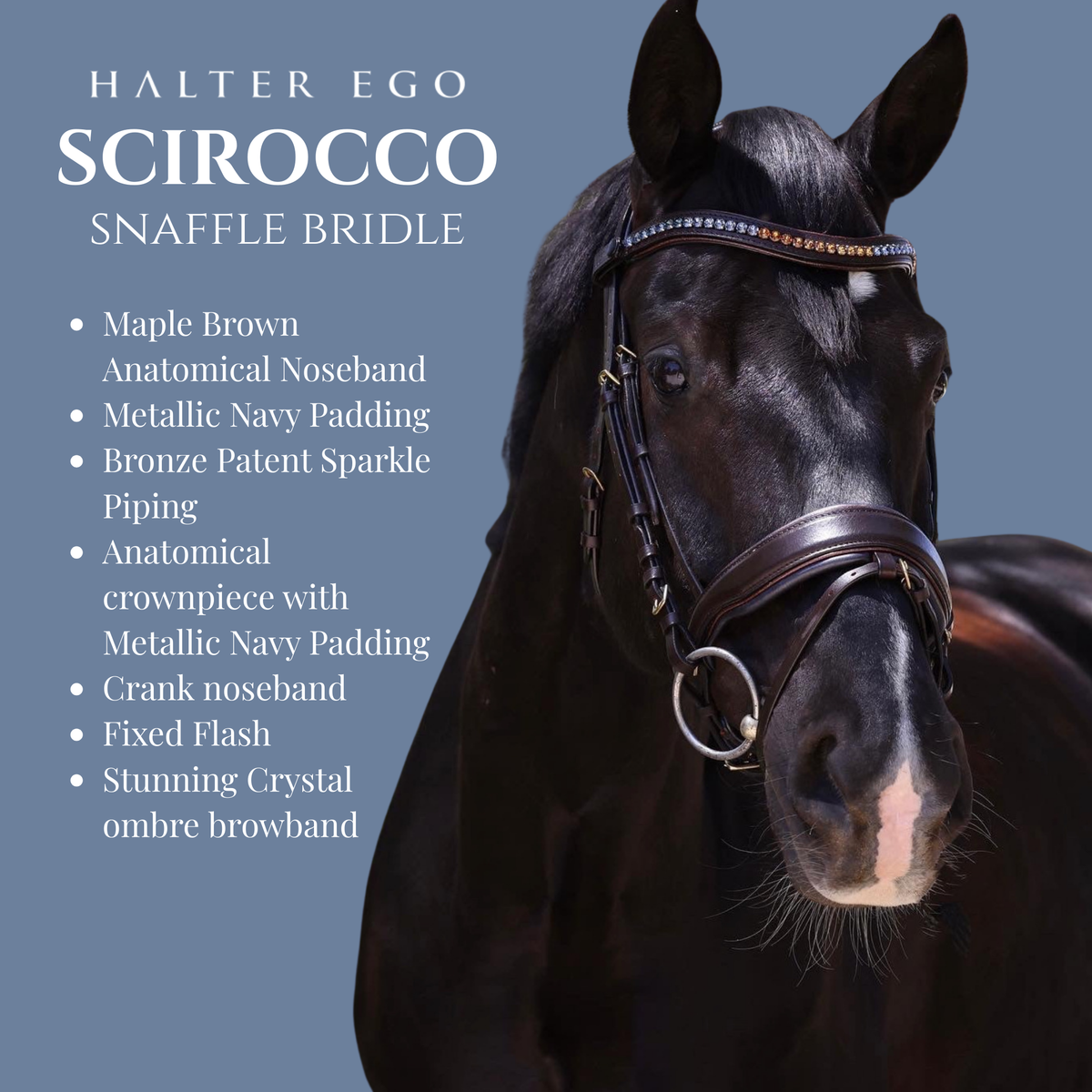 Scirocco - Maple Brown Leather Snaffle with Metallic Navy Padding and Bronze Glitter Piping