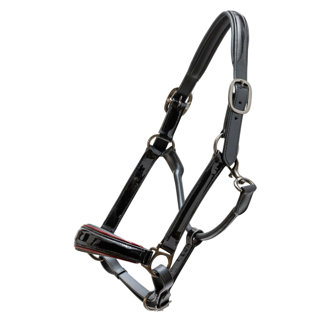 Hayworth Black Patent Leather Halter with Burgundy Piping