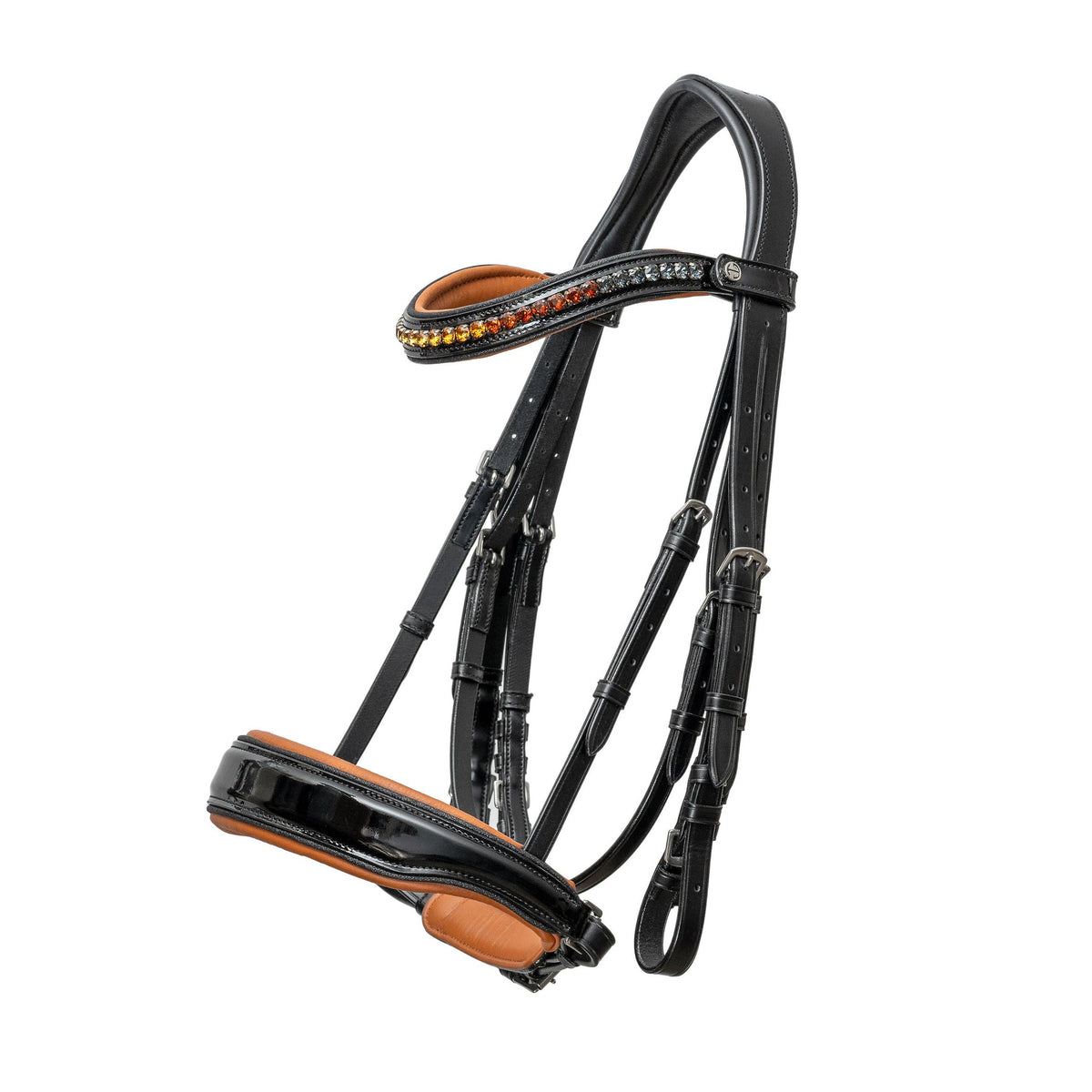 Tuscany double bridle, black patent dressage bridle, cognac padded bridle, anatomical crank noseband, ombre crystal browband, luxury dressage tack, Halter Ego bridle, padded monocrown bridle, patent leather double bridle, Austrian crystal browband