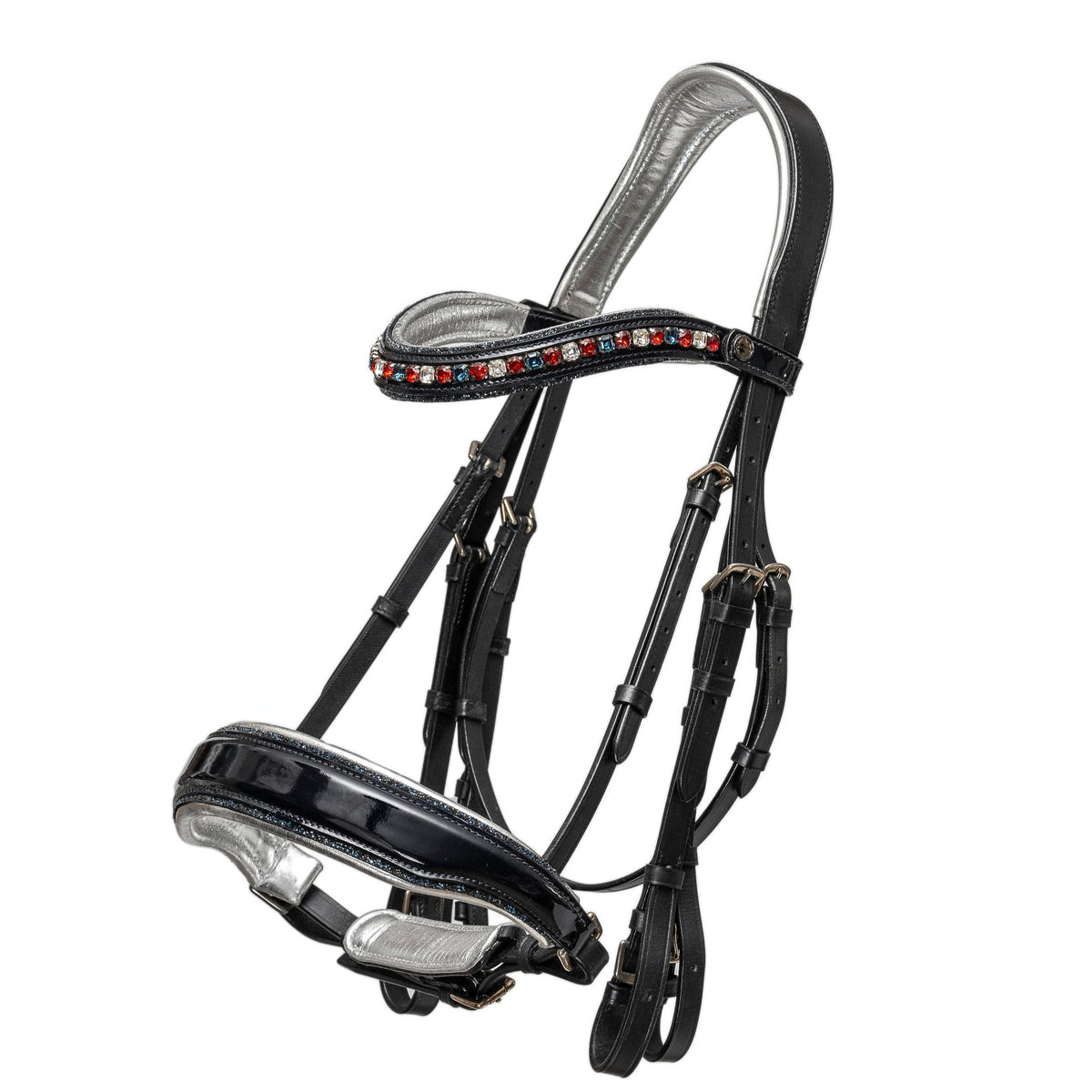 The Captain America Metallic Navy Patent Leather Double Bridle (Pathway to the Podium Collection)