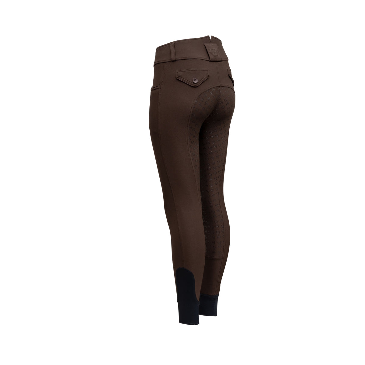 A pair of dark brown equestrian riding breeches shown from the back, featuring a buttoned flap pocket and dark navy ribbed ankle cuffs, set against a plain white background.