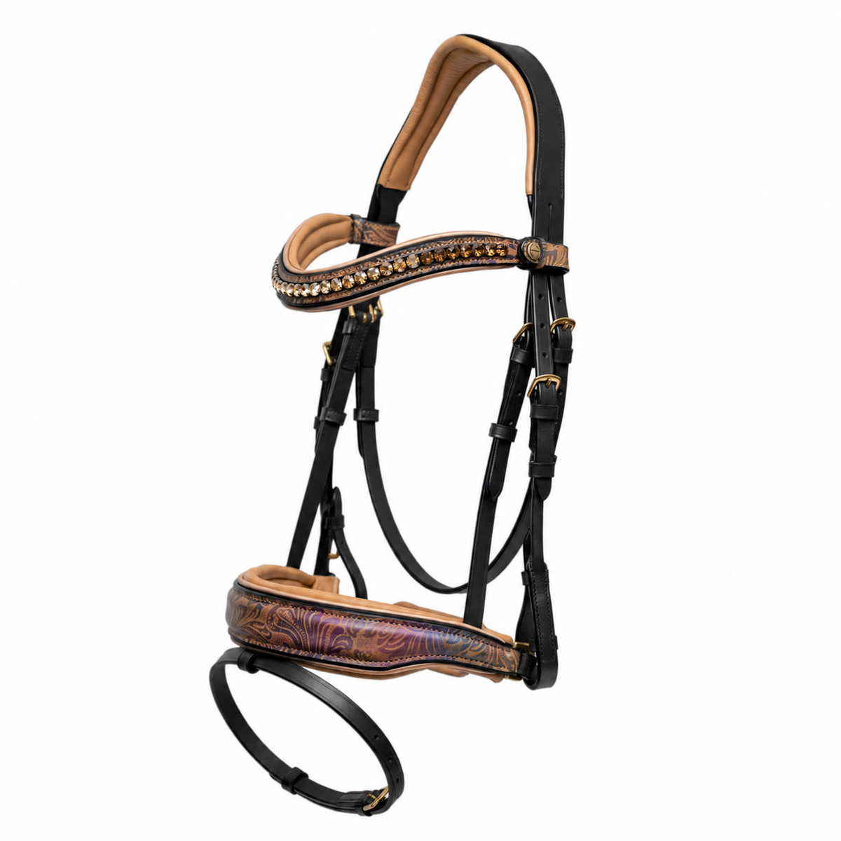 Kaleidoscope Black Leather Tooled Leather Snaffle Bridle w/ Rose Gold Piping