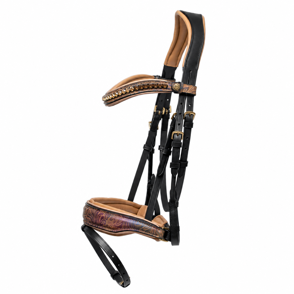 Kaleidoscope Black Leather Tooled Leather Snaffle Bridle w/ Rose Gold Piping