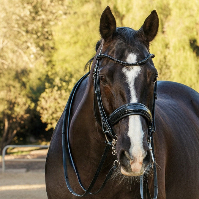 The Viper – Black Patent Double Bridle with Graphite Padding