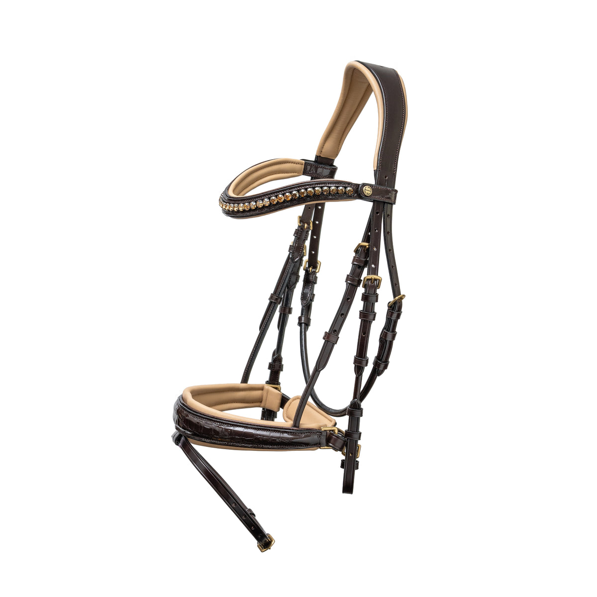 Vienna snaffle bridle, brown patent croc bridle, luxury dressage bridle, cream padded bridle, bronze piping bridle, Halter Ego bridle, anatomical comfort bridle, handcrafted leather bridle, equestrian tack, patent leather snaffle