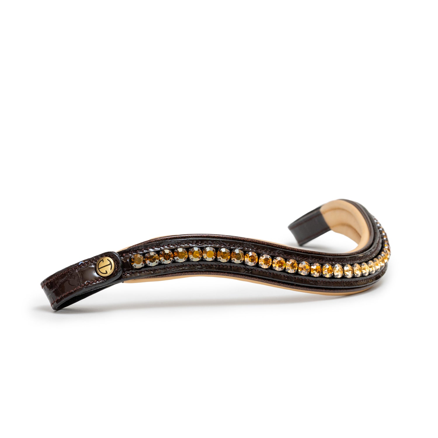 The Vienna Brown Patent Leather Snaffle Bridle with Bronze Golden Sparkle Piping