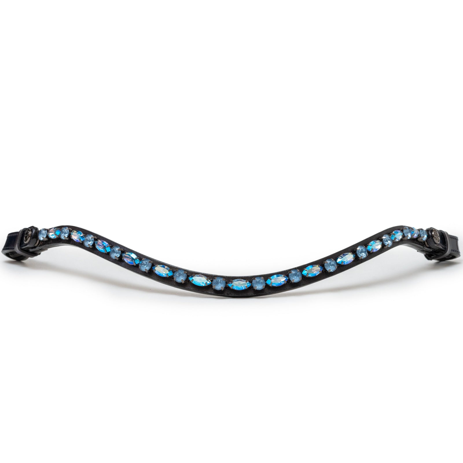 Black patent slimline browband with blue navette crystals on a white background