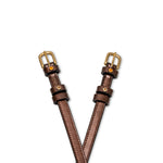 Bronze Patent Spur Straps with Crystal Rivets and Brass Horseshoe Shaped Buckles