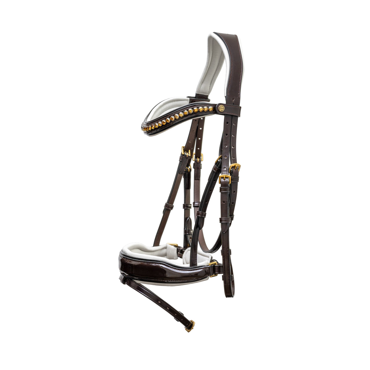 Ascot Brown Patent Leather Snaffle Bridle With White Padding & Removable Flash