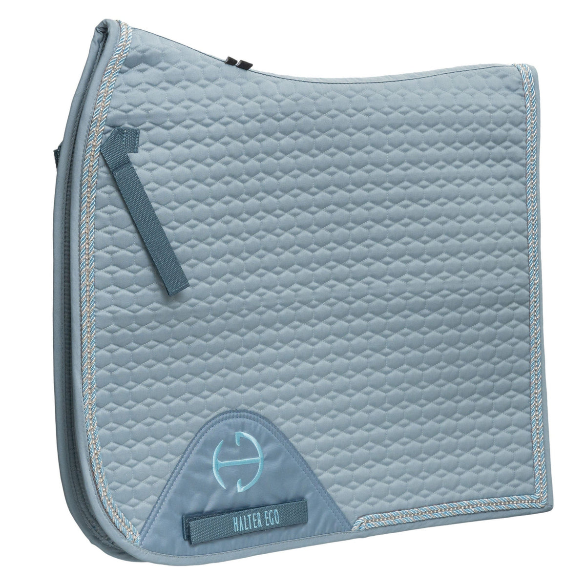 European Cotton Dressage Saddle Pad - Light Blue with Crystals &amp; Light Blue/Silver Twisted Rope Trim