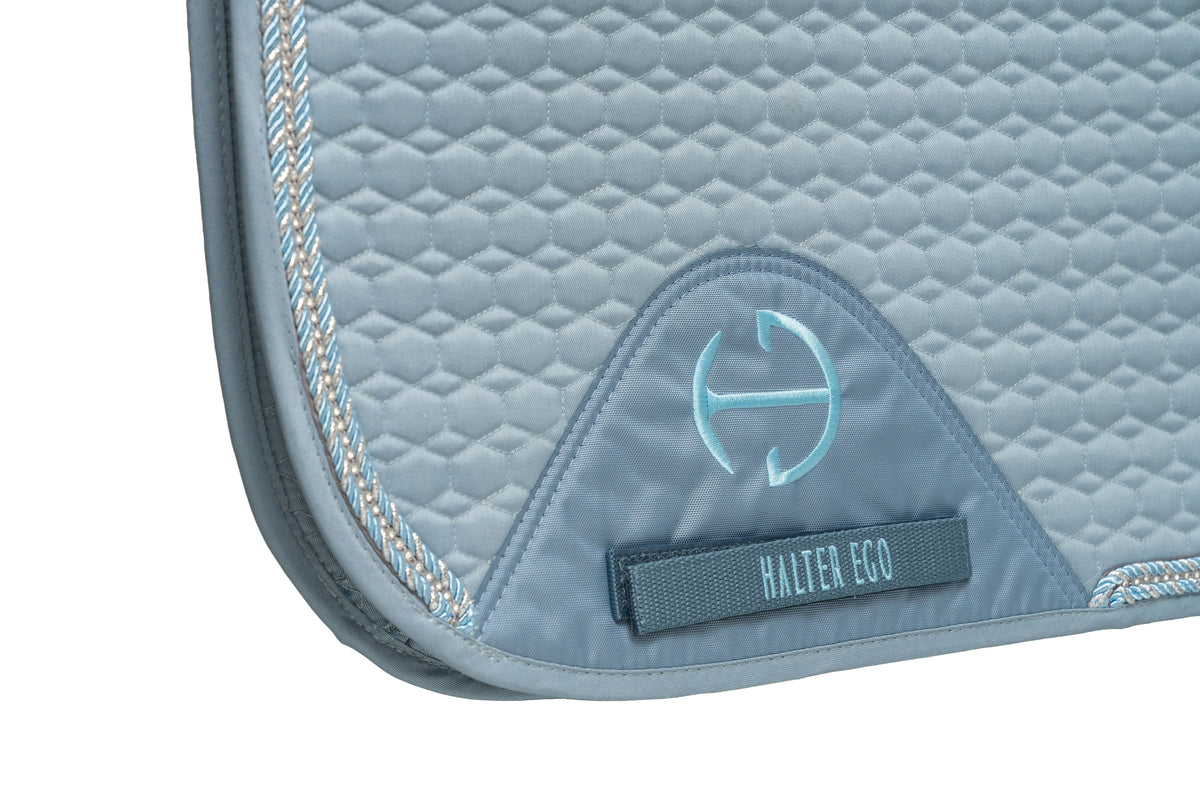 European Cotton Dressage Saddle Pad - Light Blue with Crystals &amp; Light Blue/Silver Twisted Rope Trim