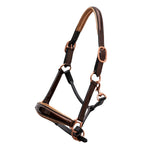 Brown and rose gold horse halter on a white background
