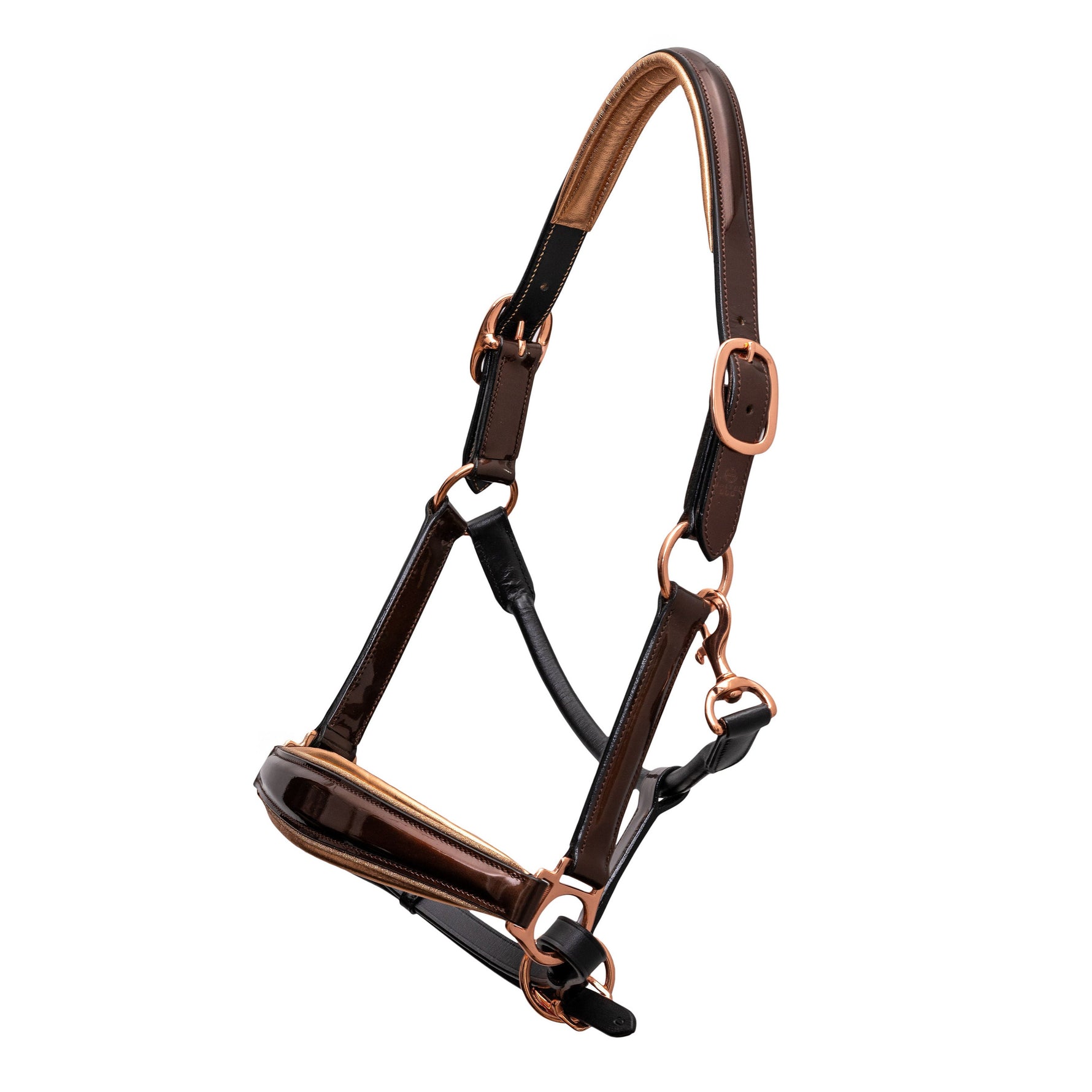 Brown and rose gold horse halter on a white background