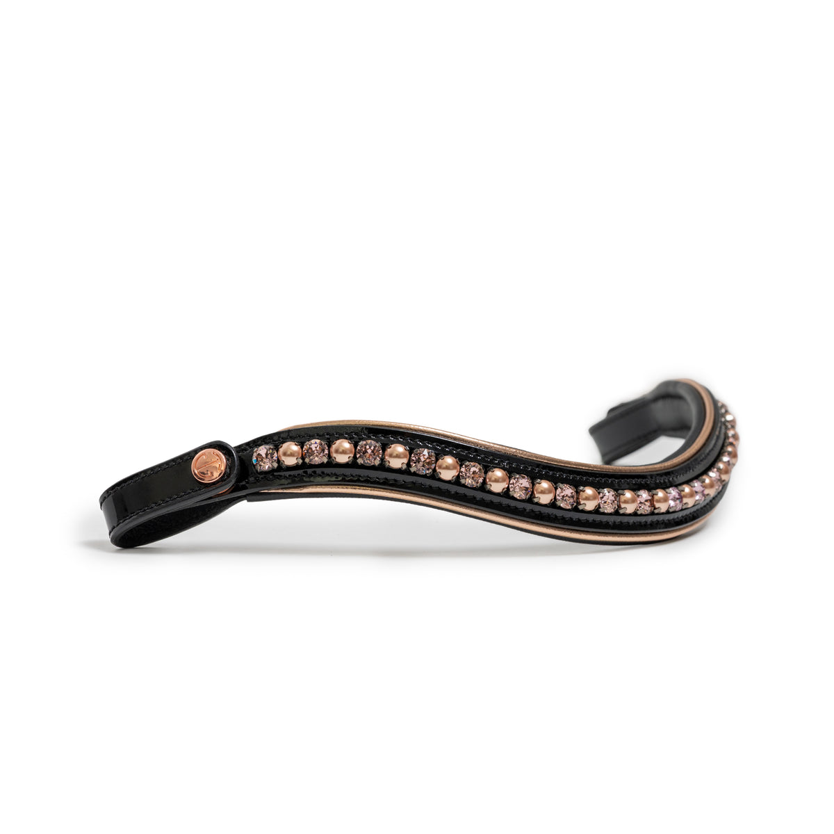 Black patent leather browband with rose gold accents on a white background