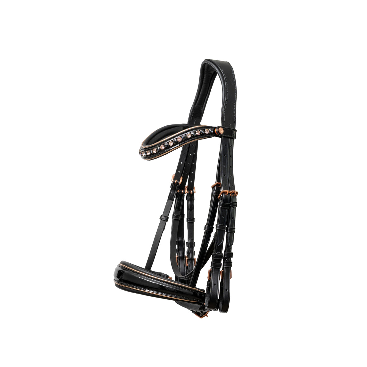 Black Patent Leather Double Dressage Bridle with Rose Gold Details 