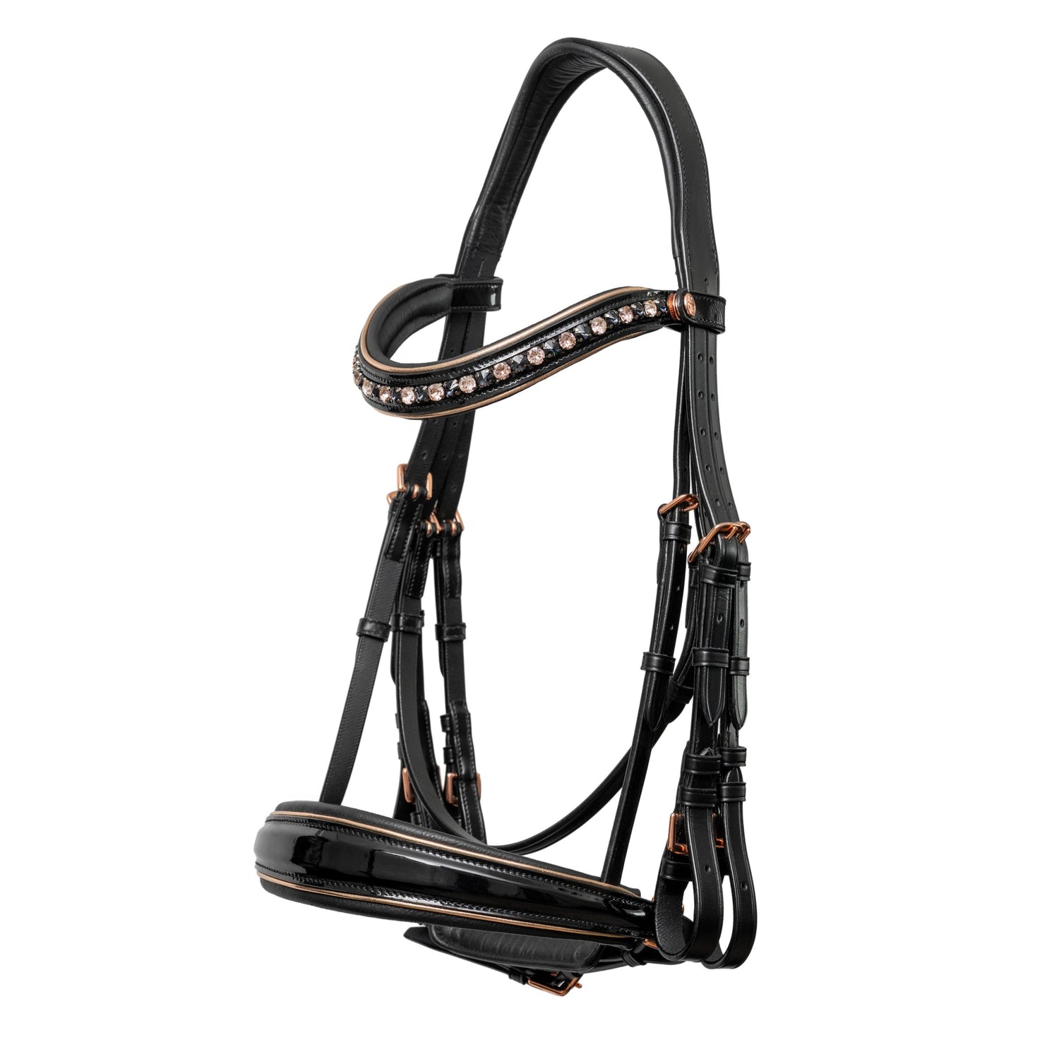 Black Patent Leather Double Dressage Bridle with Rose Gold Details. Conical anatomical tapered noseband design
