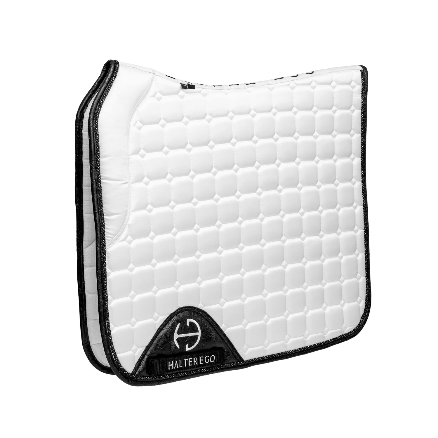 White quilted competition dressage saddle pad with black trim