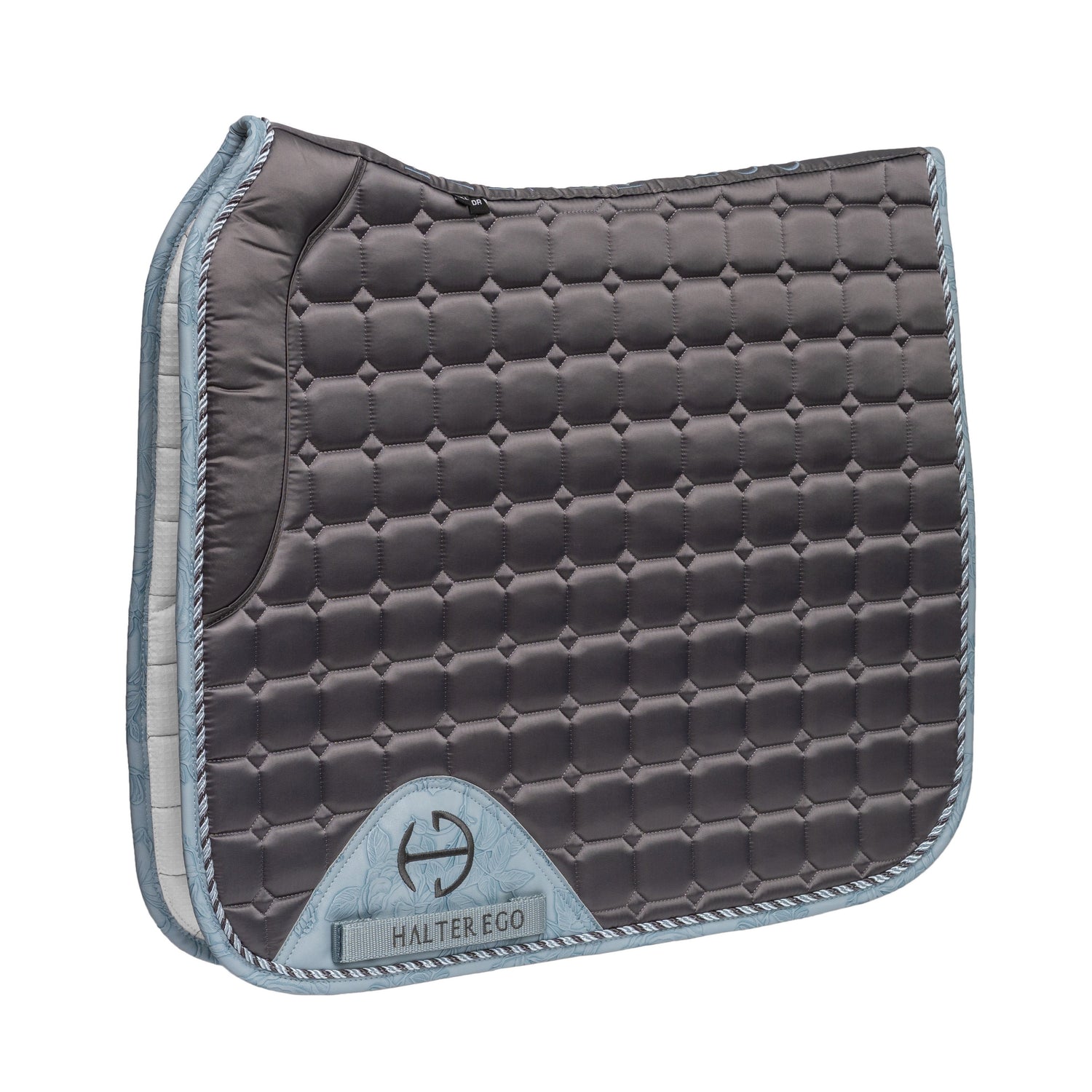 Gray satin quilted dressage saddle pad on a white background