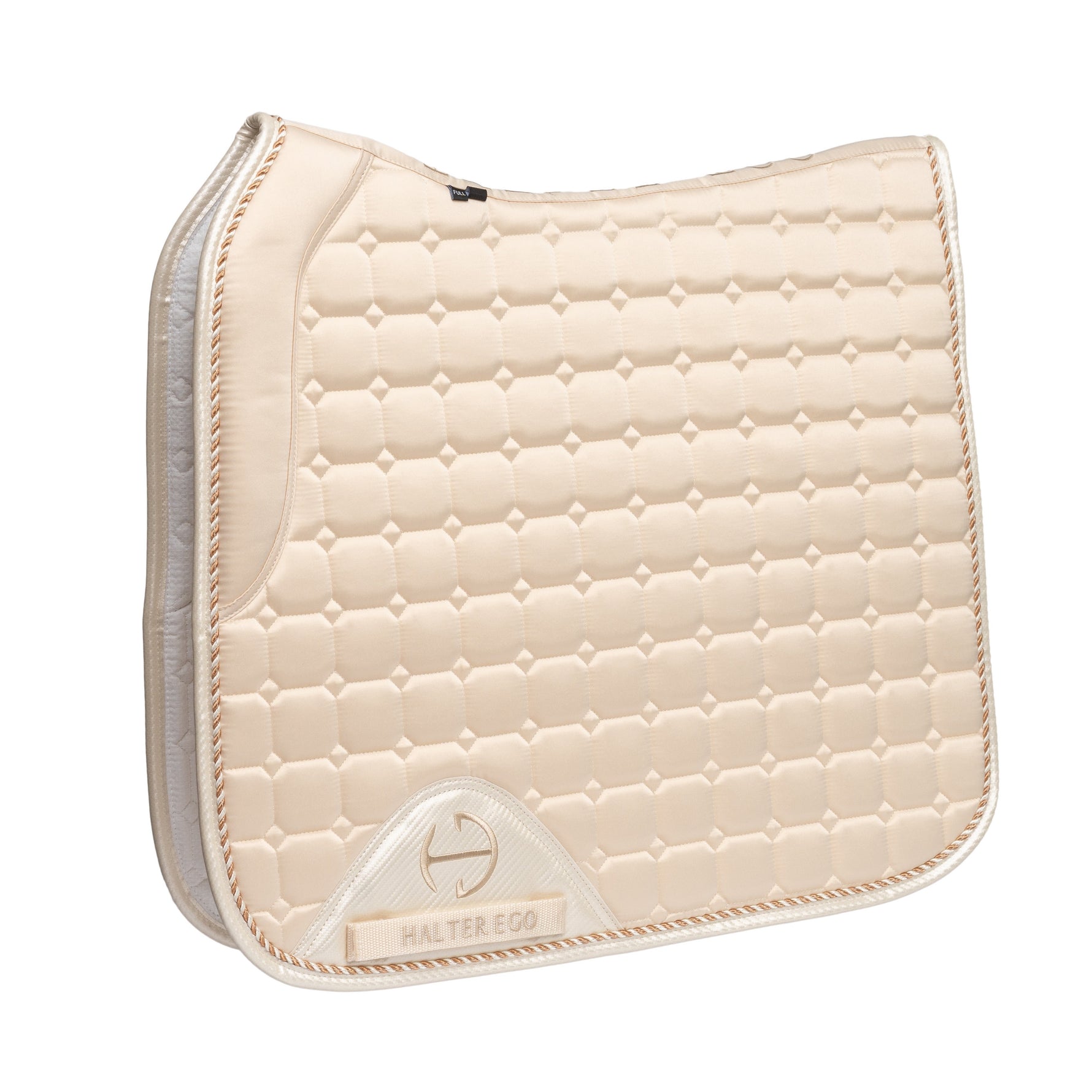 Warm Ivory quilted saddle pad with a brand logo on a white background