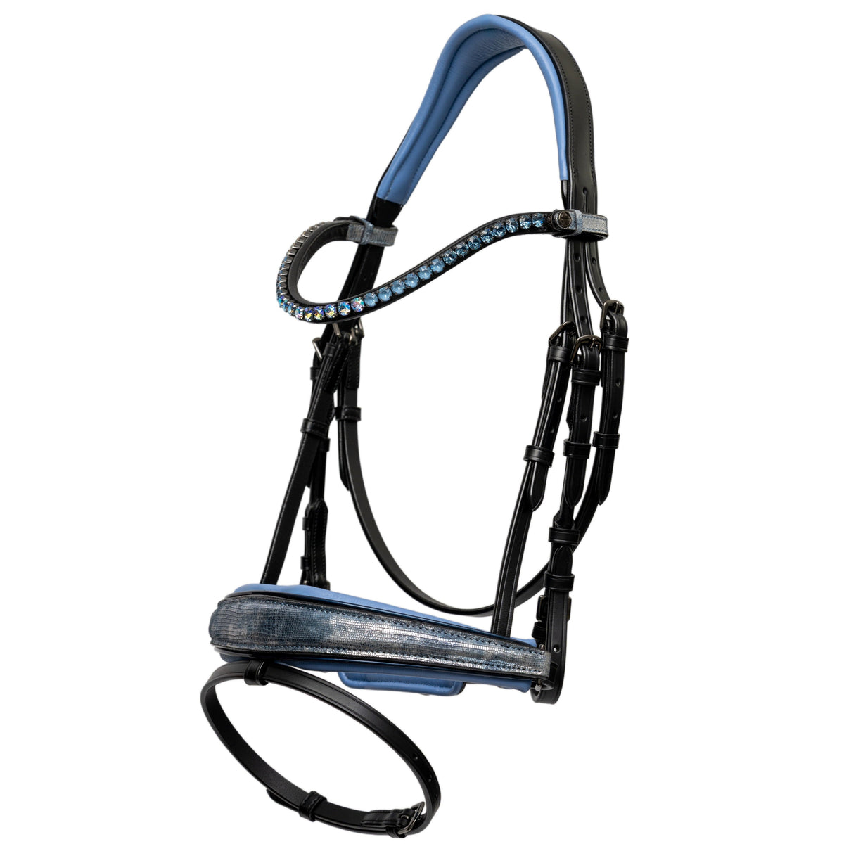 Custom black leather snaffle bridle with snakeskin textured leather, blue crystal browband, blue padding, black leather.
