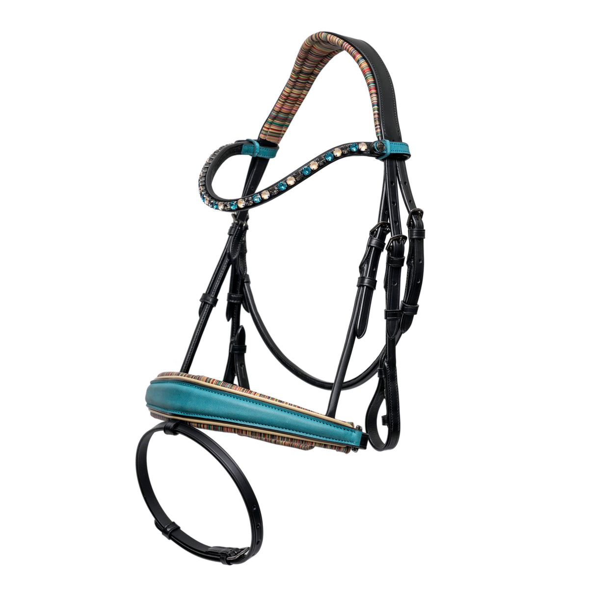 Horse bridle with blue and brown accents on a white background
