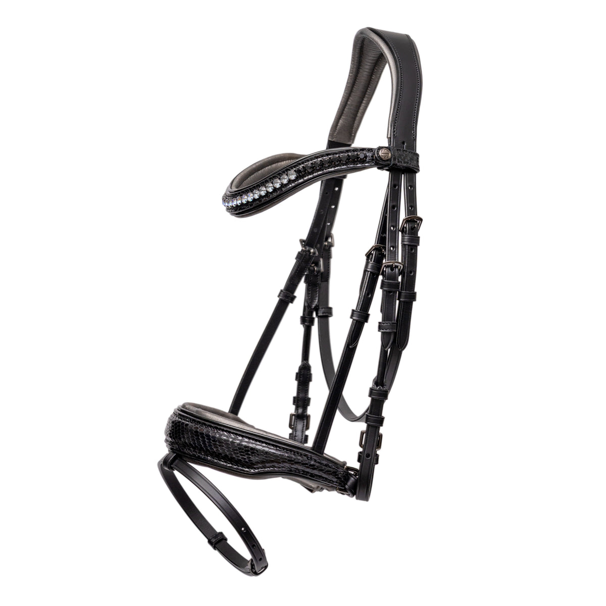 Black patent leather snaffle bridle