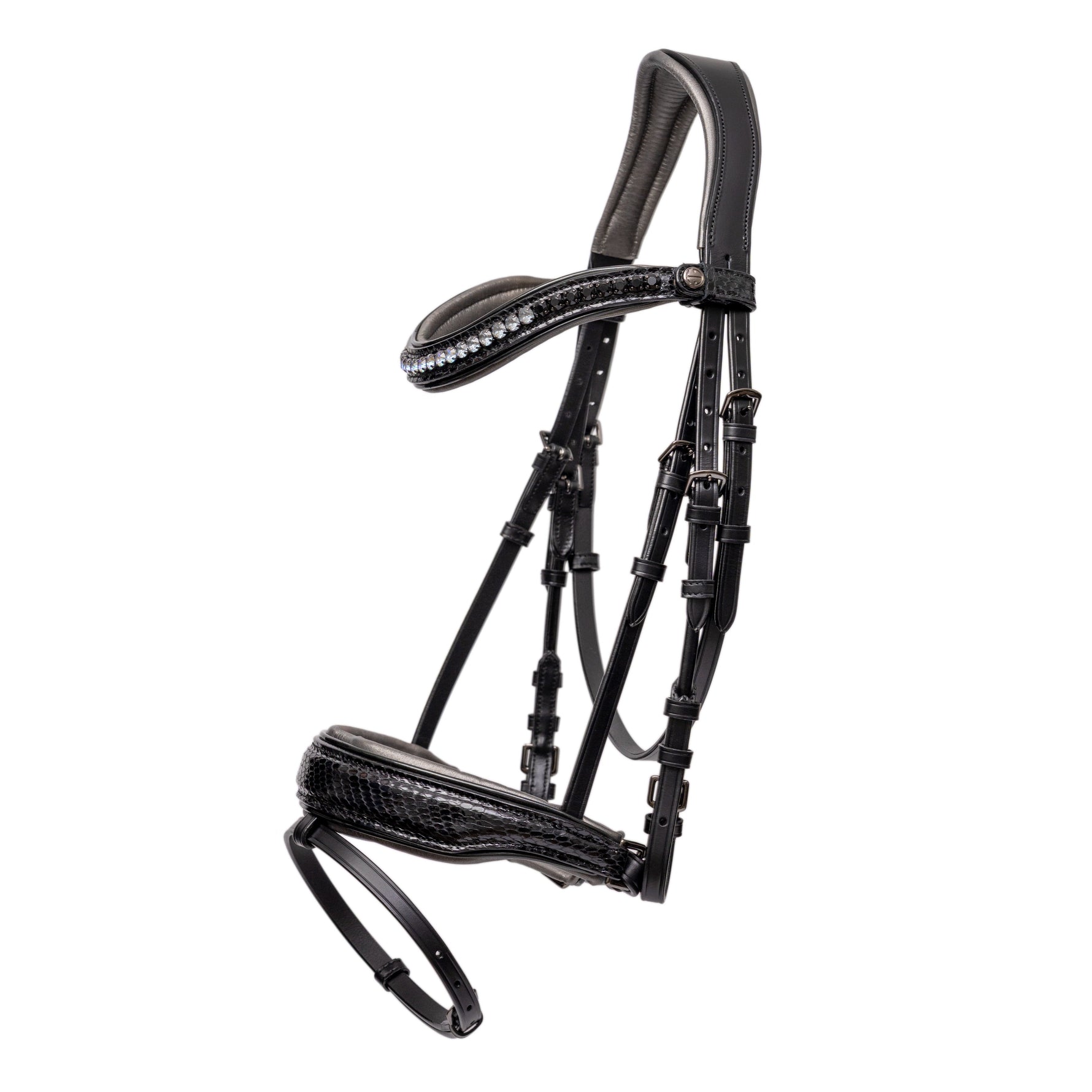 Black patent leather snaffle bridle